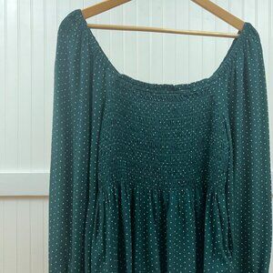 GAP Green Polka Dot Smocked Peplum Blouse Square Neck Long Sleeve Top Women's M